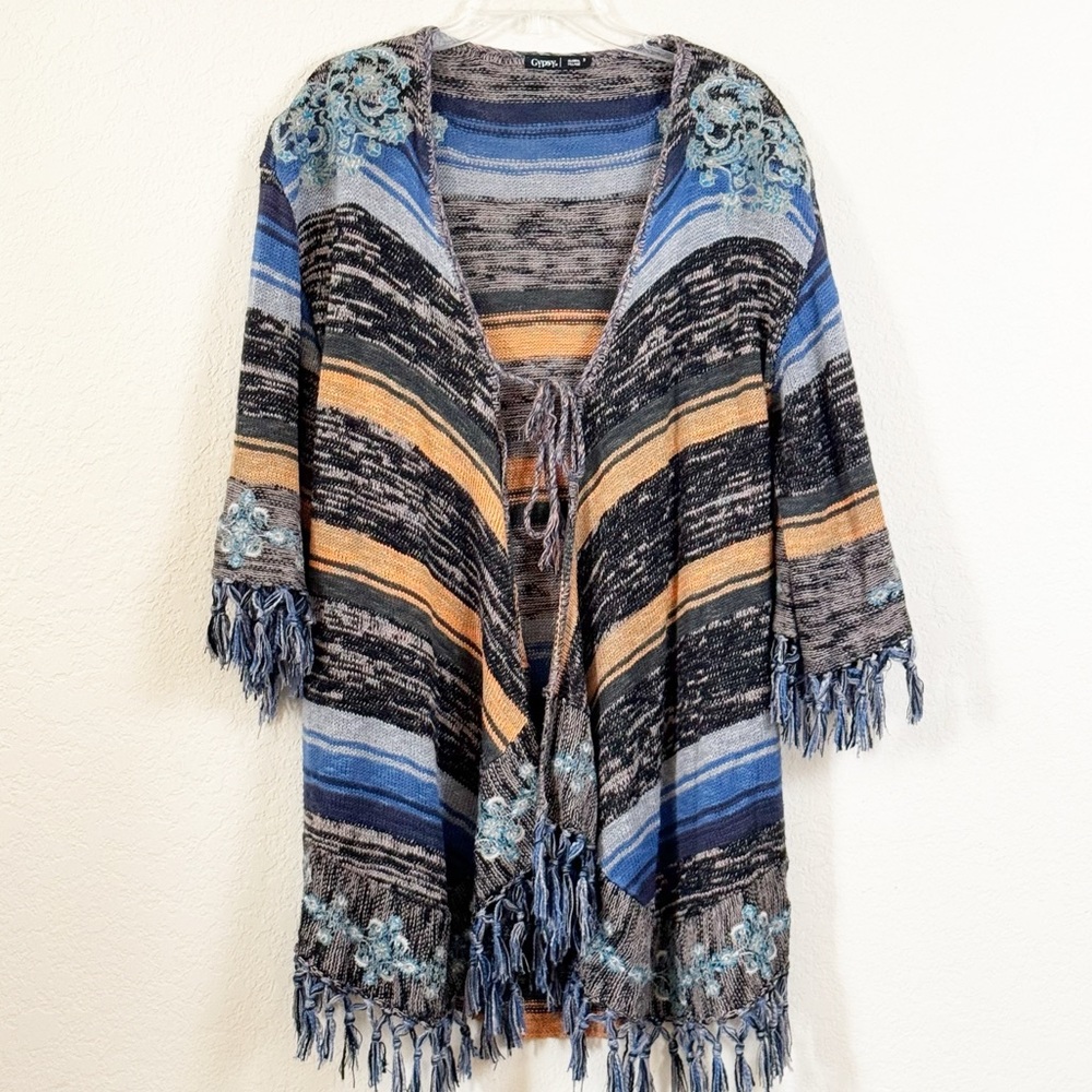 Gypsy 05 Boho Fringed Embroidered Tie Front Cardi… - image 1